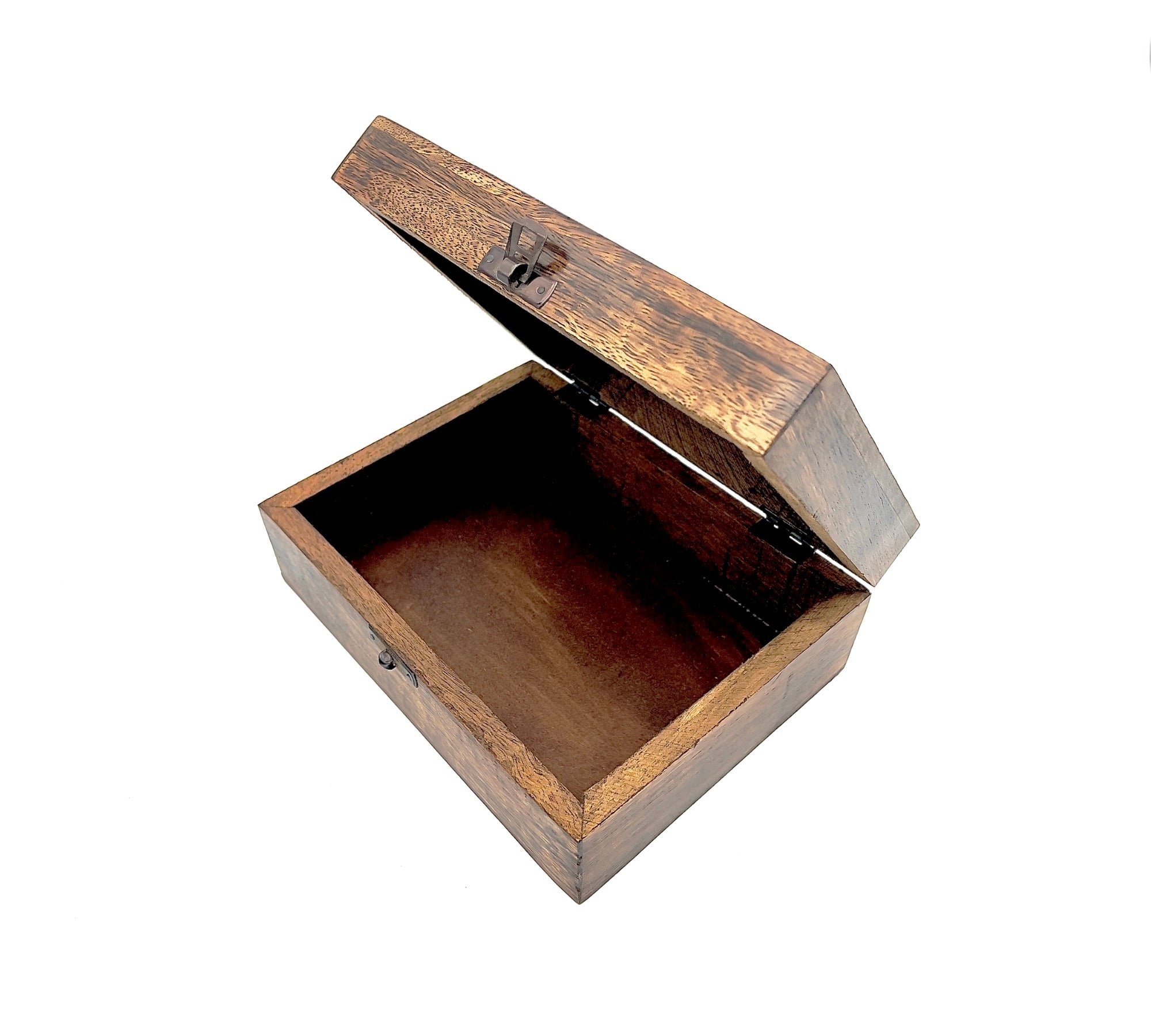 An open wooden trinket box, on a white background.