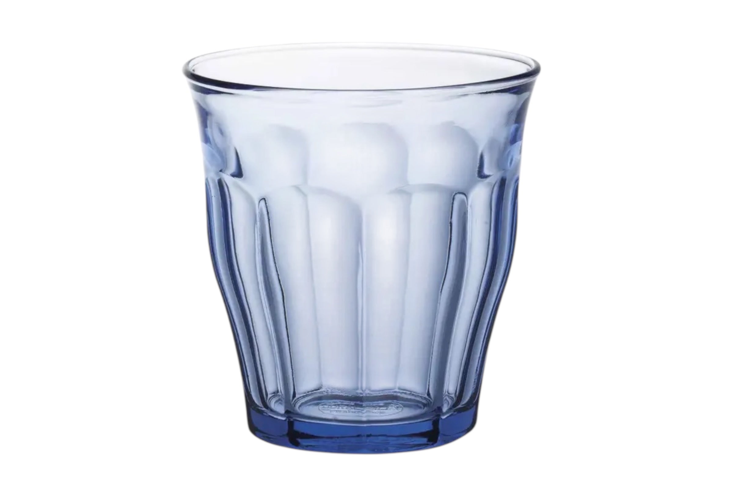 A 250ml blue toughened glass tumbler with a fluted profile and solid base set against a white background.