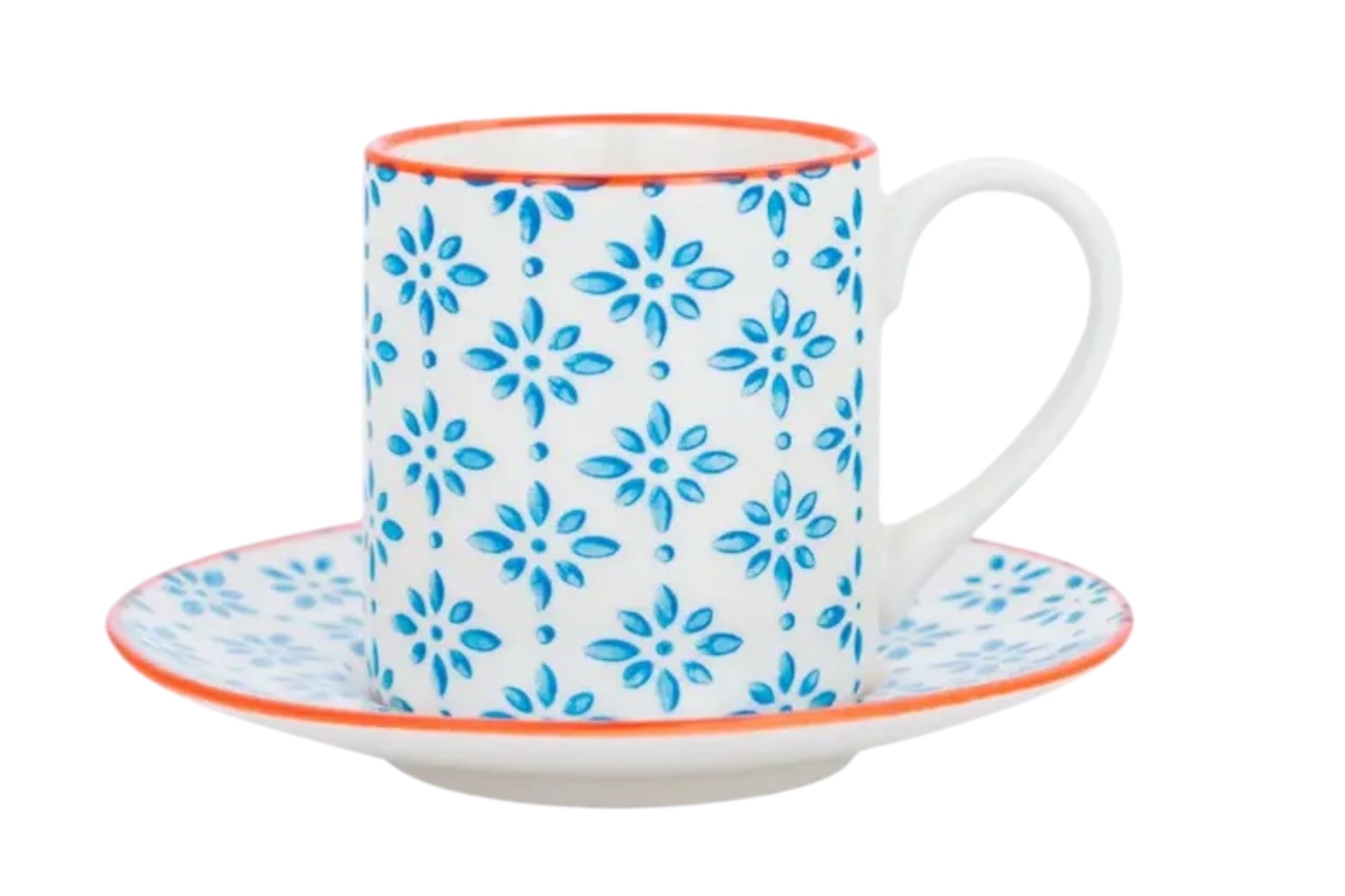 A porcelain espresso cup and saucer with a blue patterned finish and subtle orange accents, ictured on a white background.