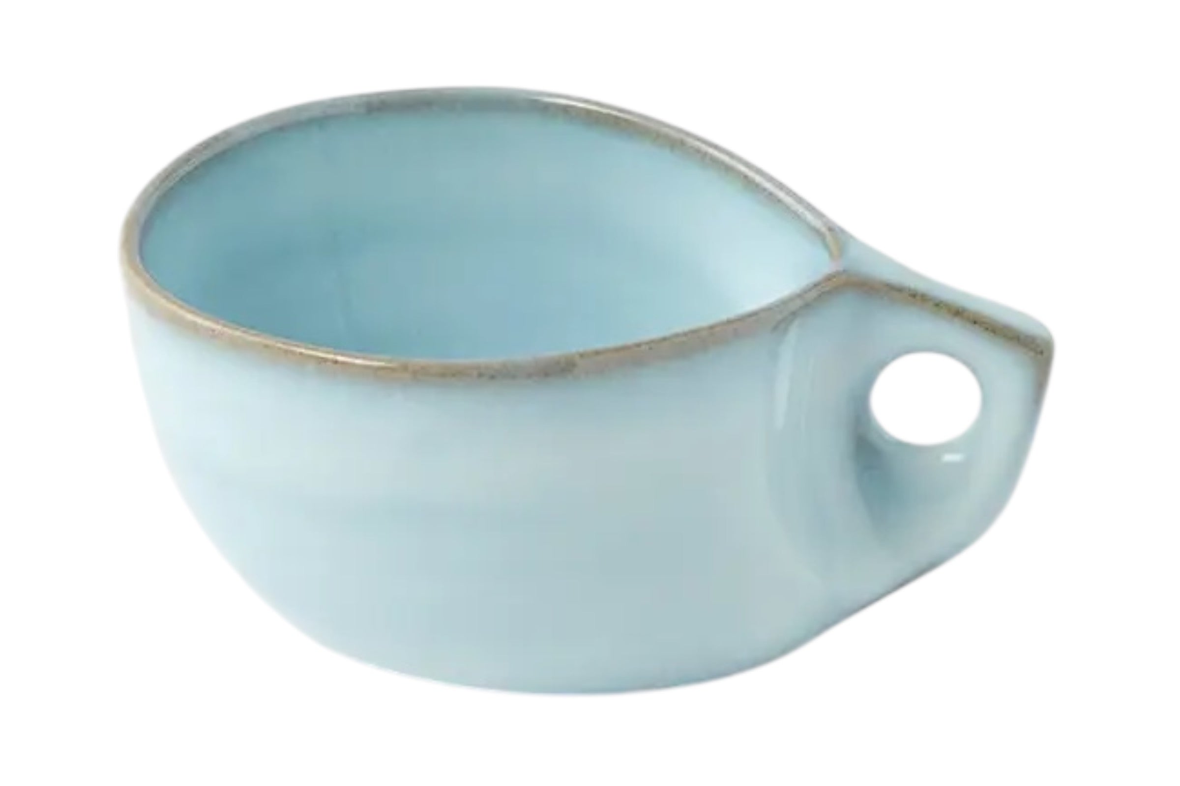 A ceramic coffee cup with a soft cloud blue glaze and curved handle set against a white background.