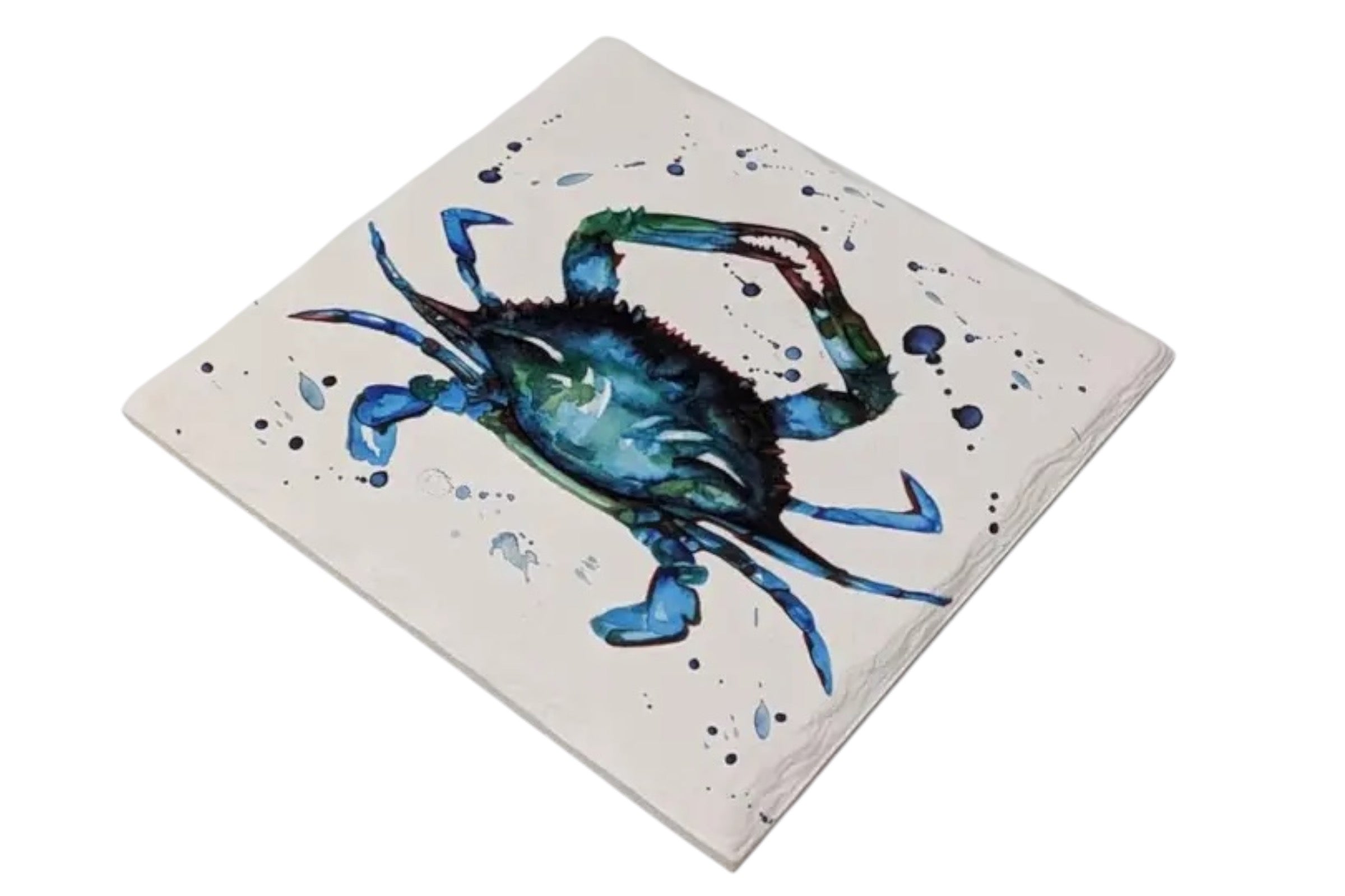 A 16 x 16cm ceramic trivet with a crab illustration, set against a white background.