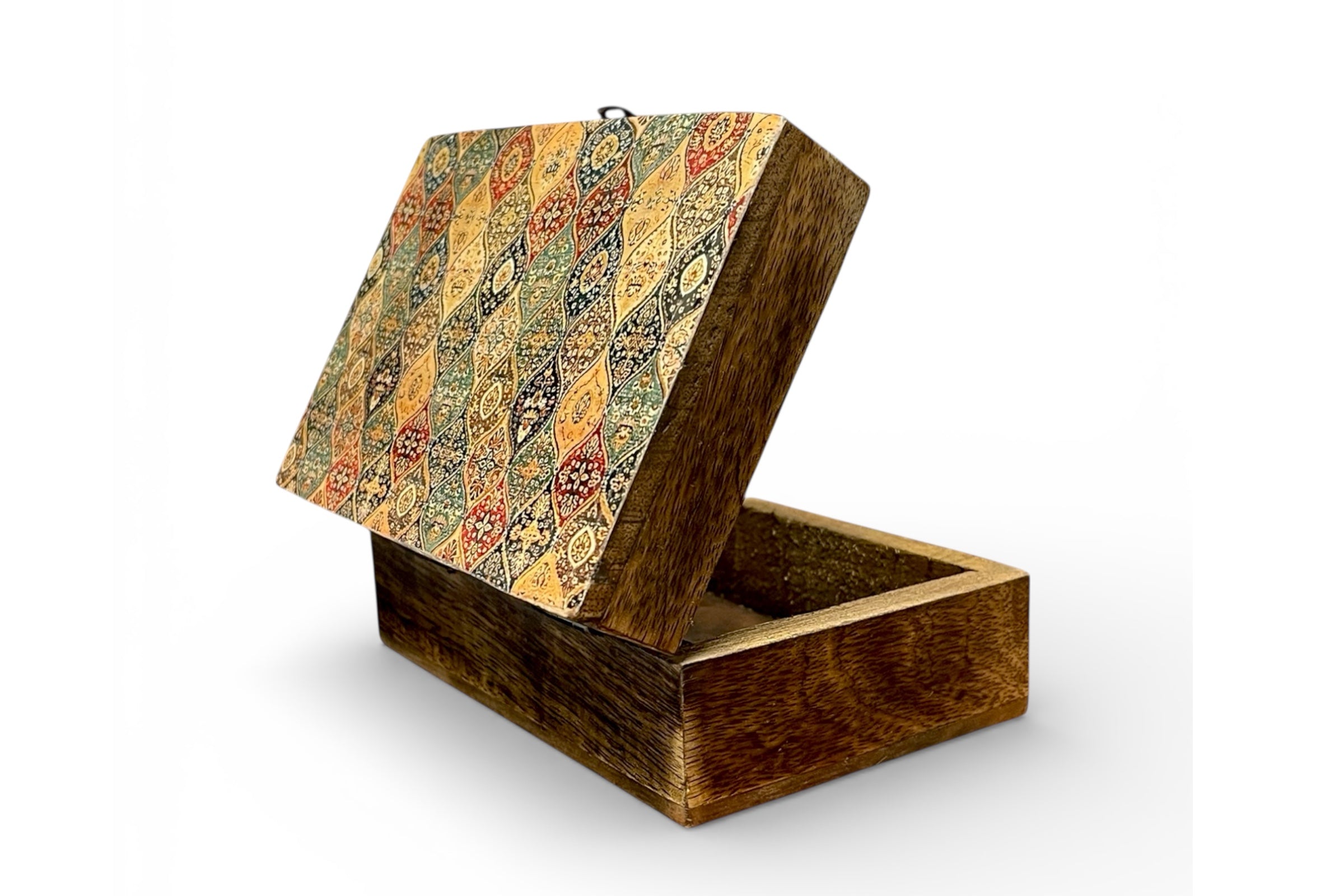 Wooden box with patterned lid on a white background