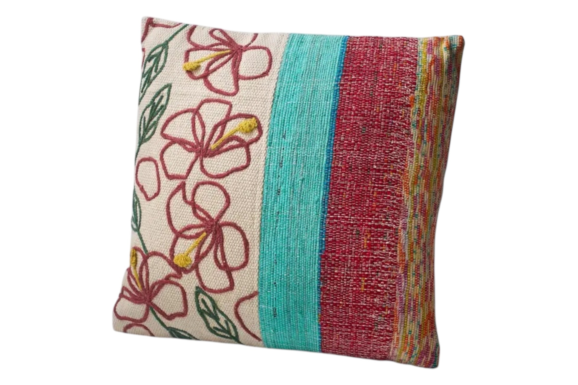A 45 x 45cm red toned, cotton cushion combining embroidered detail and woven stripes. set against a white background.