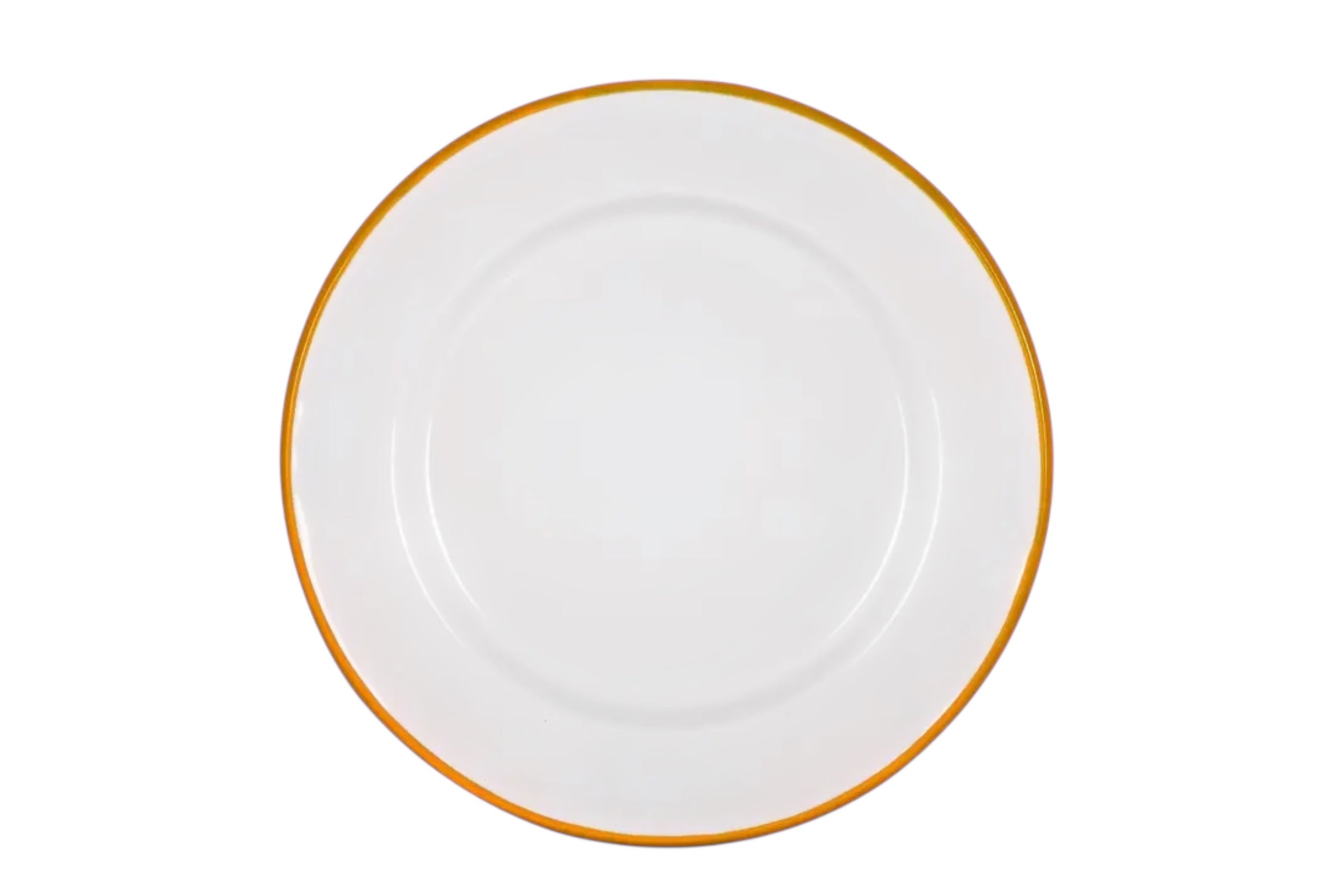 A 25.5cm enamelled steel dinner plate finished in white with yellow accents Pictured on a white background.