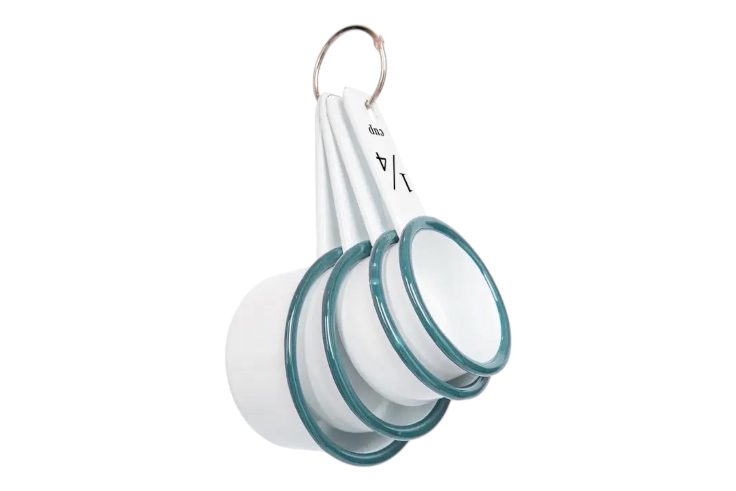 A set of four enamelled steel measuring cups finished in white with green accents. Set against a white background.