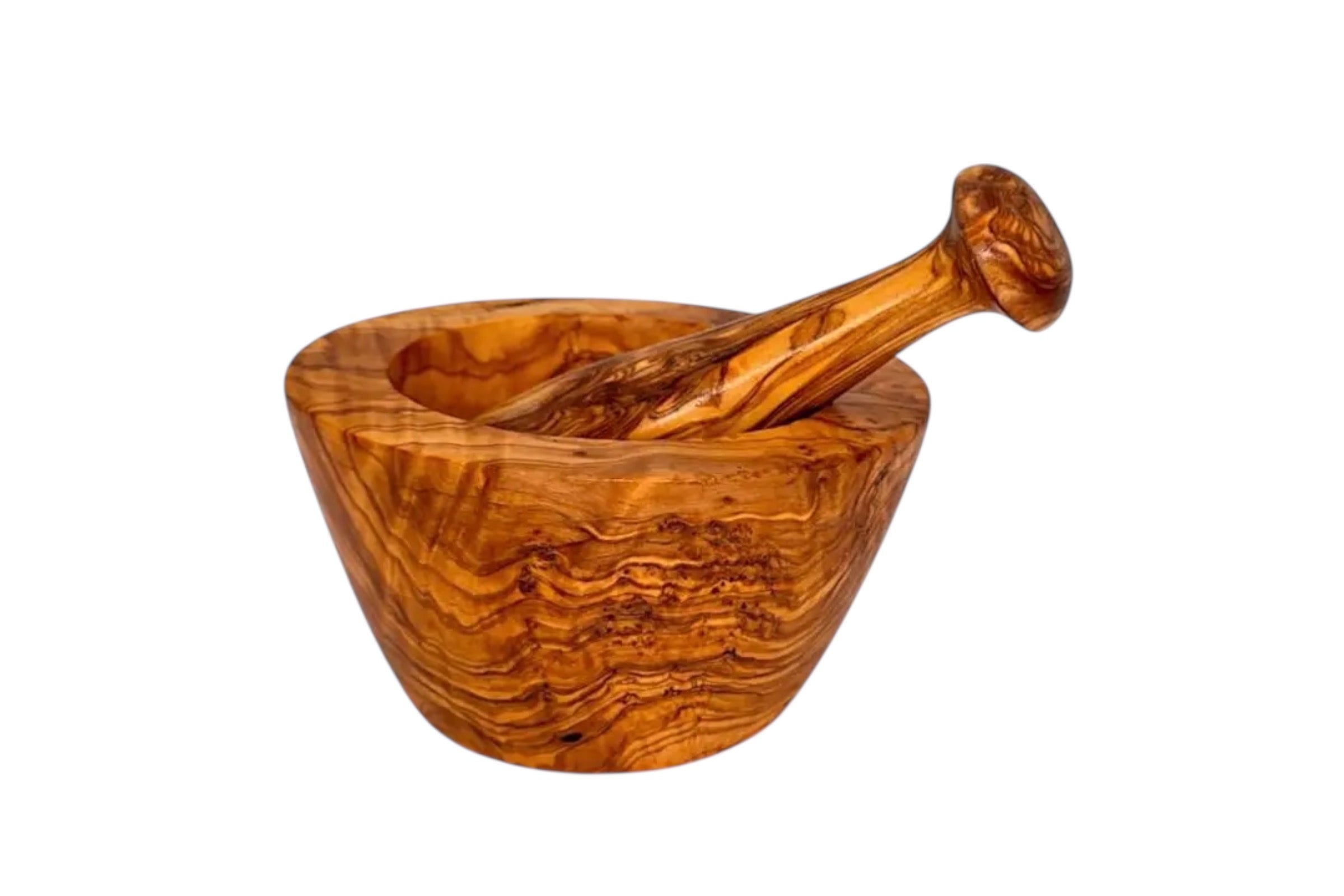 A small olive wood pestle and mortar set against a white background.