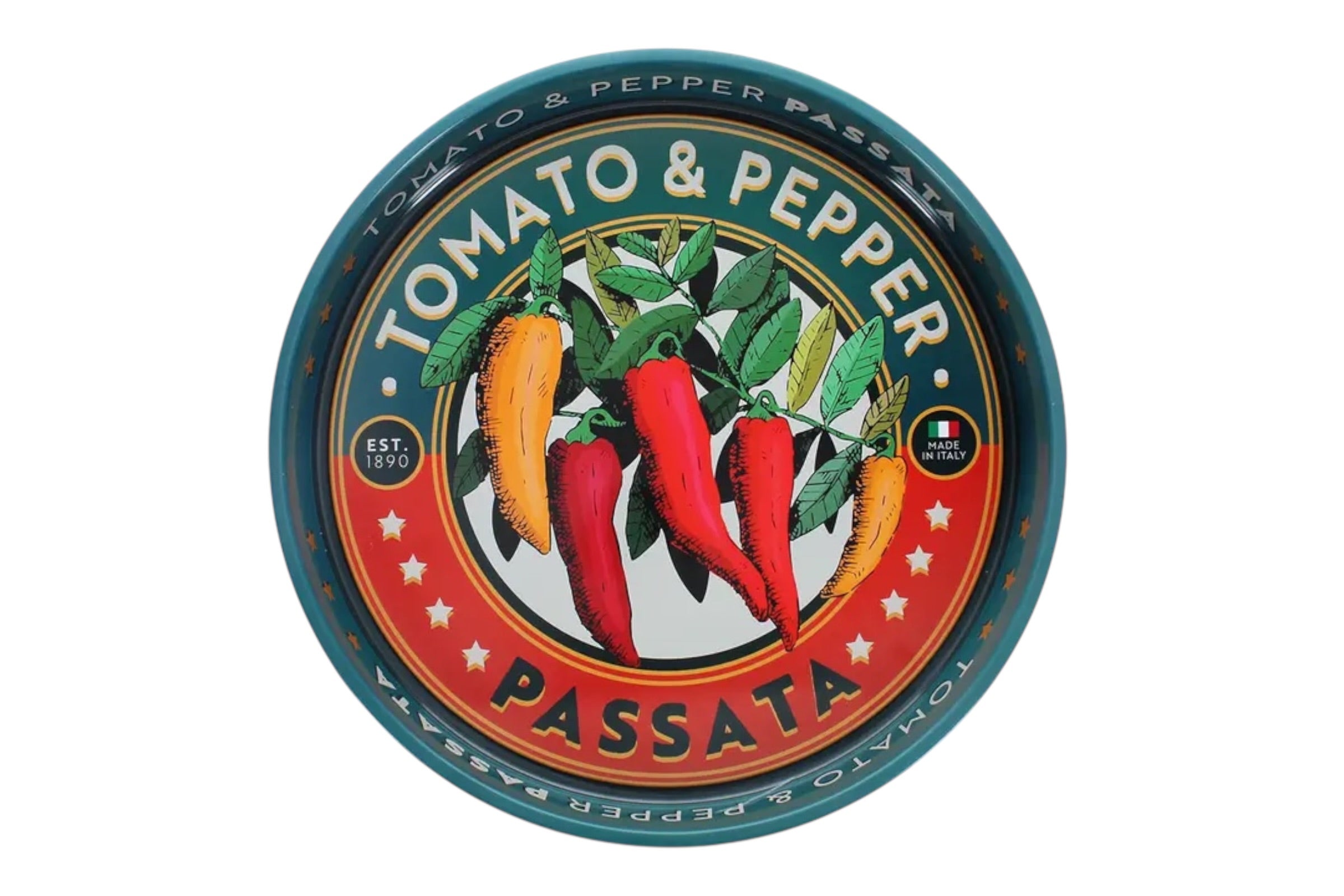 A round tinplate metal serving tray with a deep well and vintage-inspired passata graphic. Pictured on a white background.