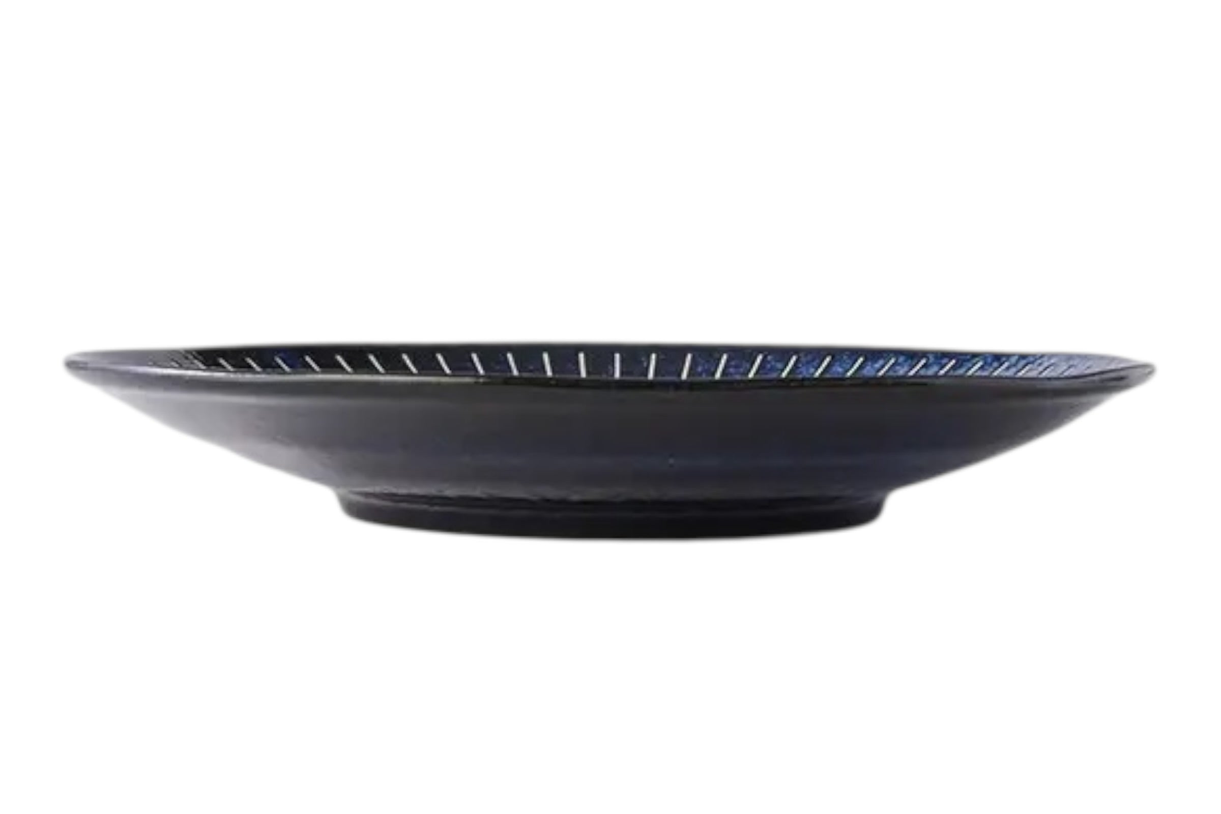 A 25cm porcelain dinner plate with an indigo glaze and fine embossed ridges. Set against a white background.