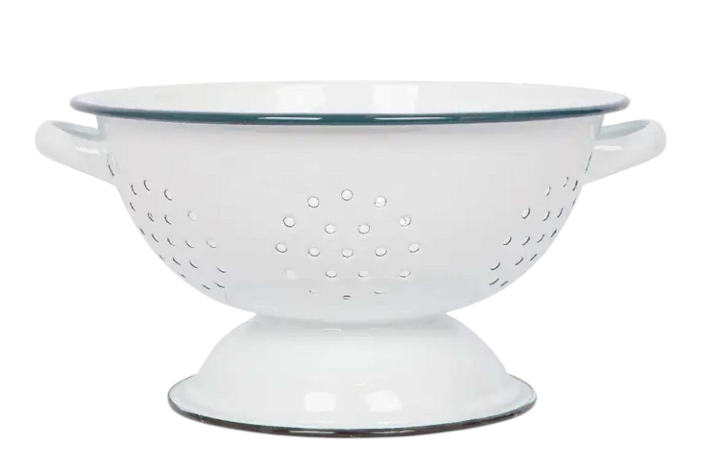 A 23.5cm enamelled steel colander finished in white with green accents. Set against a white background.