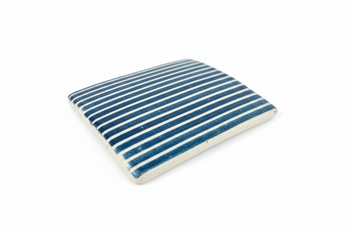FINCHCRAFT square coaster with blue and white striped distressed effect, crafted from matte resin stone composite.
