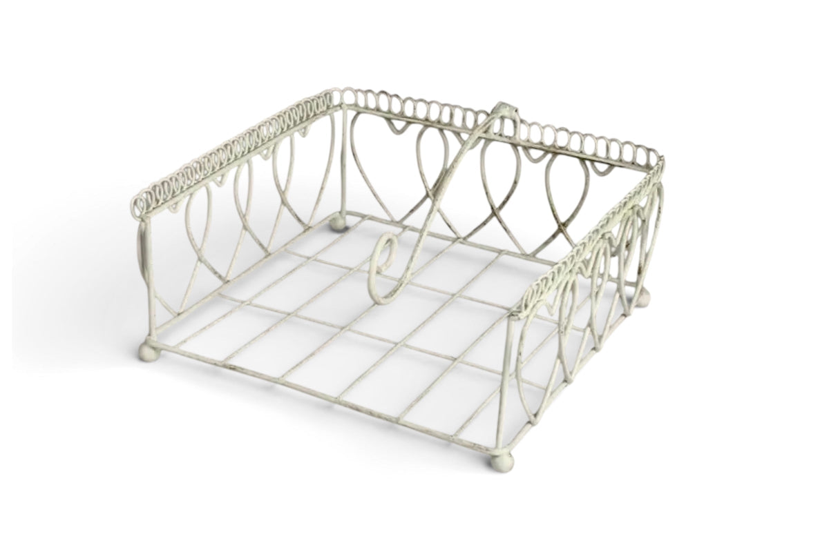 FINCHCRAFT cream metal wire napkin holder with decorative heart detailing and a weighted arm for table organization.