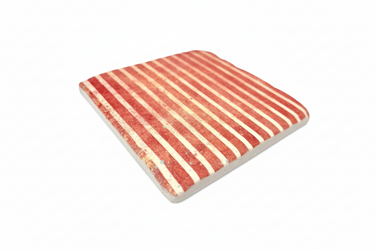 FINCHCRAFT square coaster with a red and white distressed striped pattern, crafted from matte resin stone composite.
