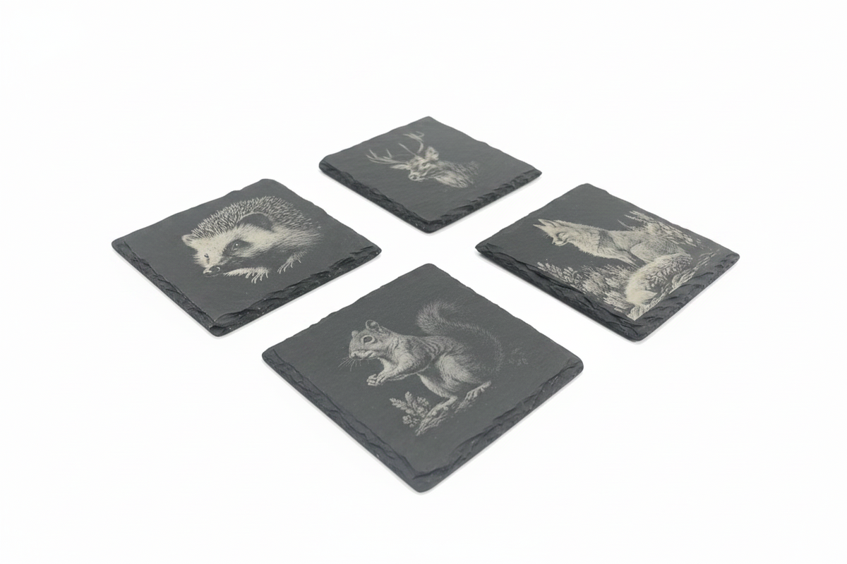 FINCHCRAFT set of four square natural slate coasters featuring detailed laser-engraved countryside animal illustrations.