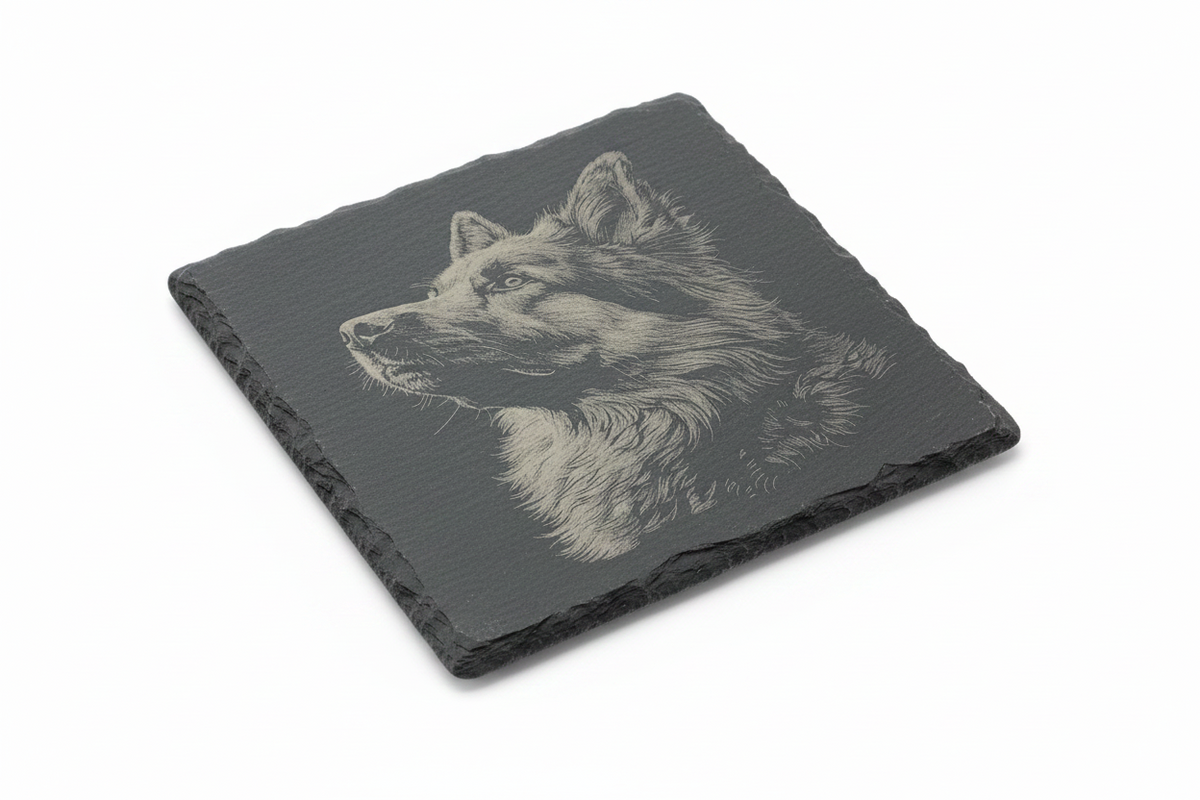 FINCHCRAFT square natural slate coaster featuring a detailed laser-engraved dog portrait on a matt grey stone surface