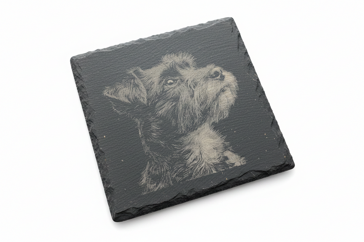 FINCHCRAFT square natural slate coaster featuring a detailed laser-engraved portrait of a terrier dog