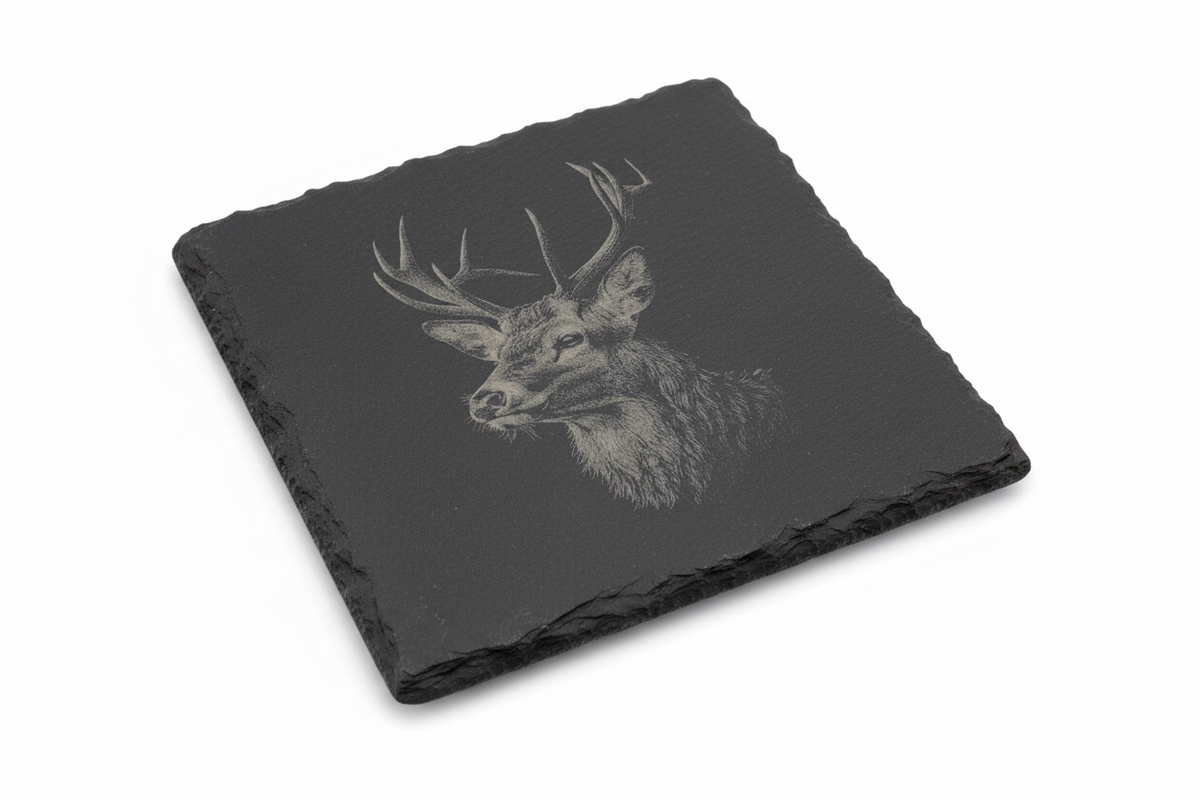 FINCHCRAFT square natural slate coaster featuring a detailed laser-engraved stag illustration with a rustic edge.