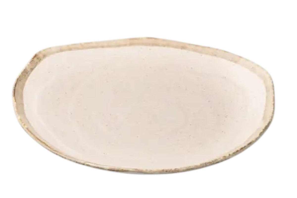 FINCHCRAFT flax-toned porcelain dinner plate with an irregular faceted edge and subtle spiral relief surface.