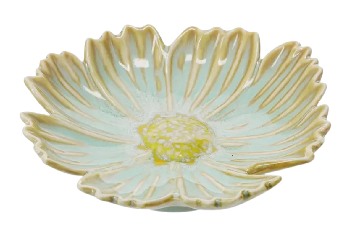 FINCHCRAFT flower-shaped glazed ceramic trinket dish in soft pastel green and yellow with a scalloped petal design.