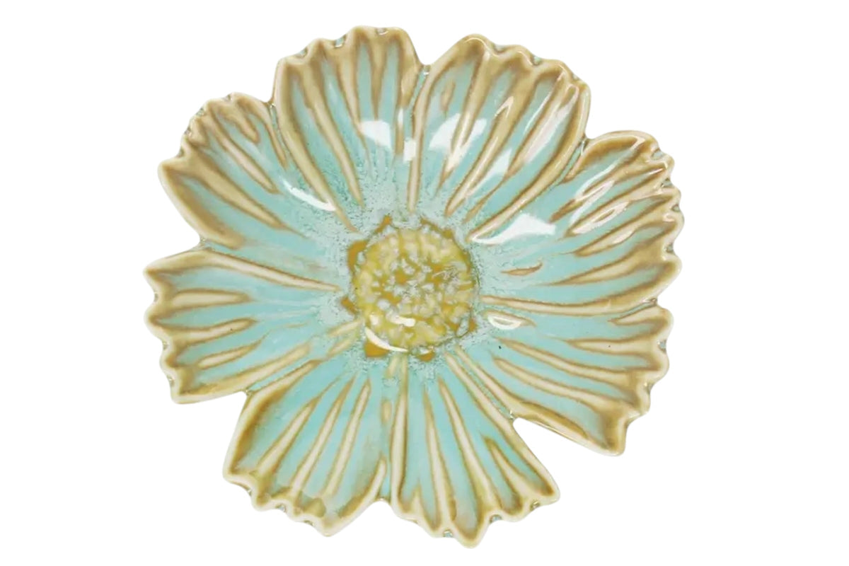 FINCHCRAFT flower-shaped glazed ceramic trinket dish in light blue and beige with a scalloped petal design