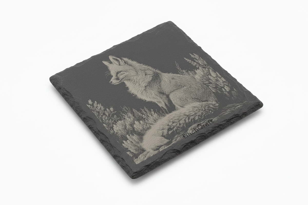 FINCHCRAFT square natural slate coaster with a detailed laser-engraved fox illustration on a matt grey stone surface.