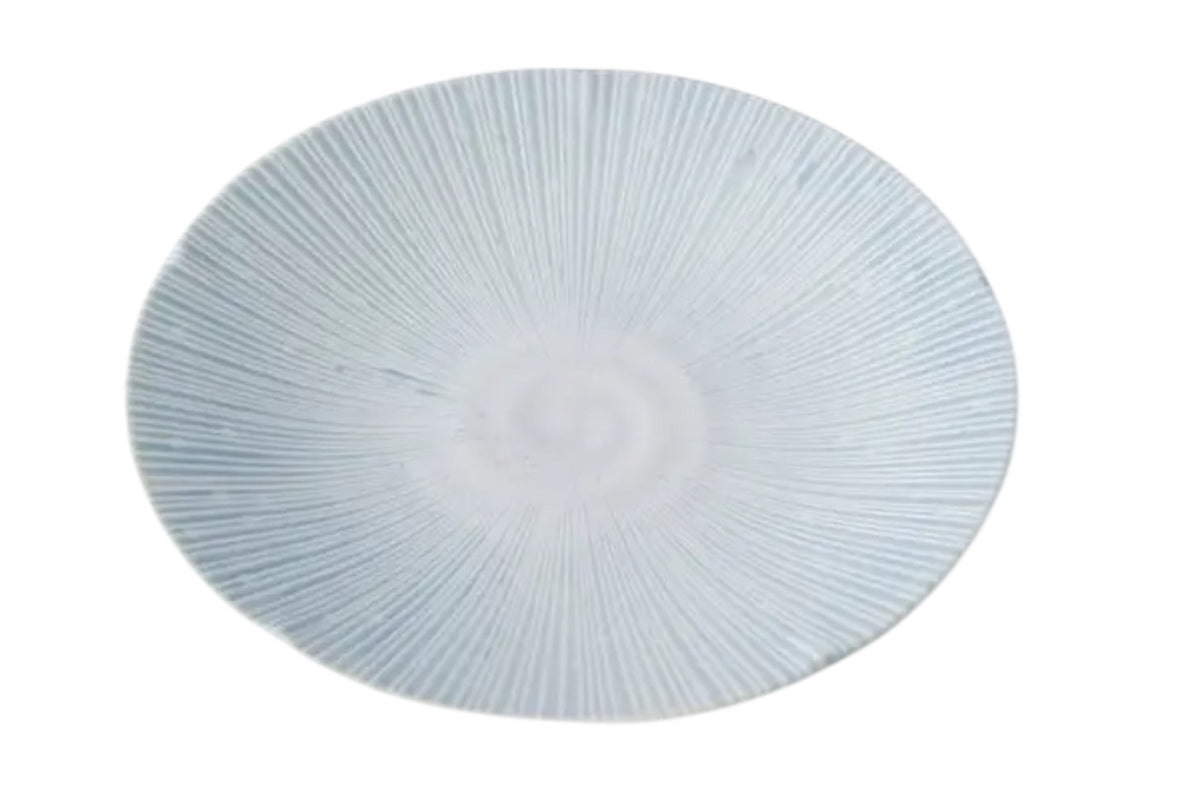 FINCHCRAFT Ice Drift blue porcelain dinner plate with a petalled edge and embossed radiating line pattern.