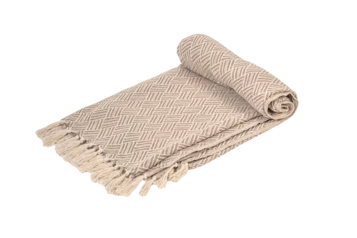 FINCHCRAFT oatmeal handwoven recycled cotton throw with a geometric weave pattern and decorative tassel edging.