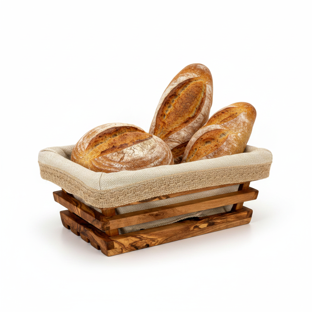 FINCHCRAFT rectangular olive wood bread basket with a removable beige linen liner filled with crusty artisan bread