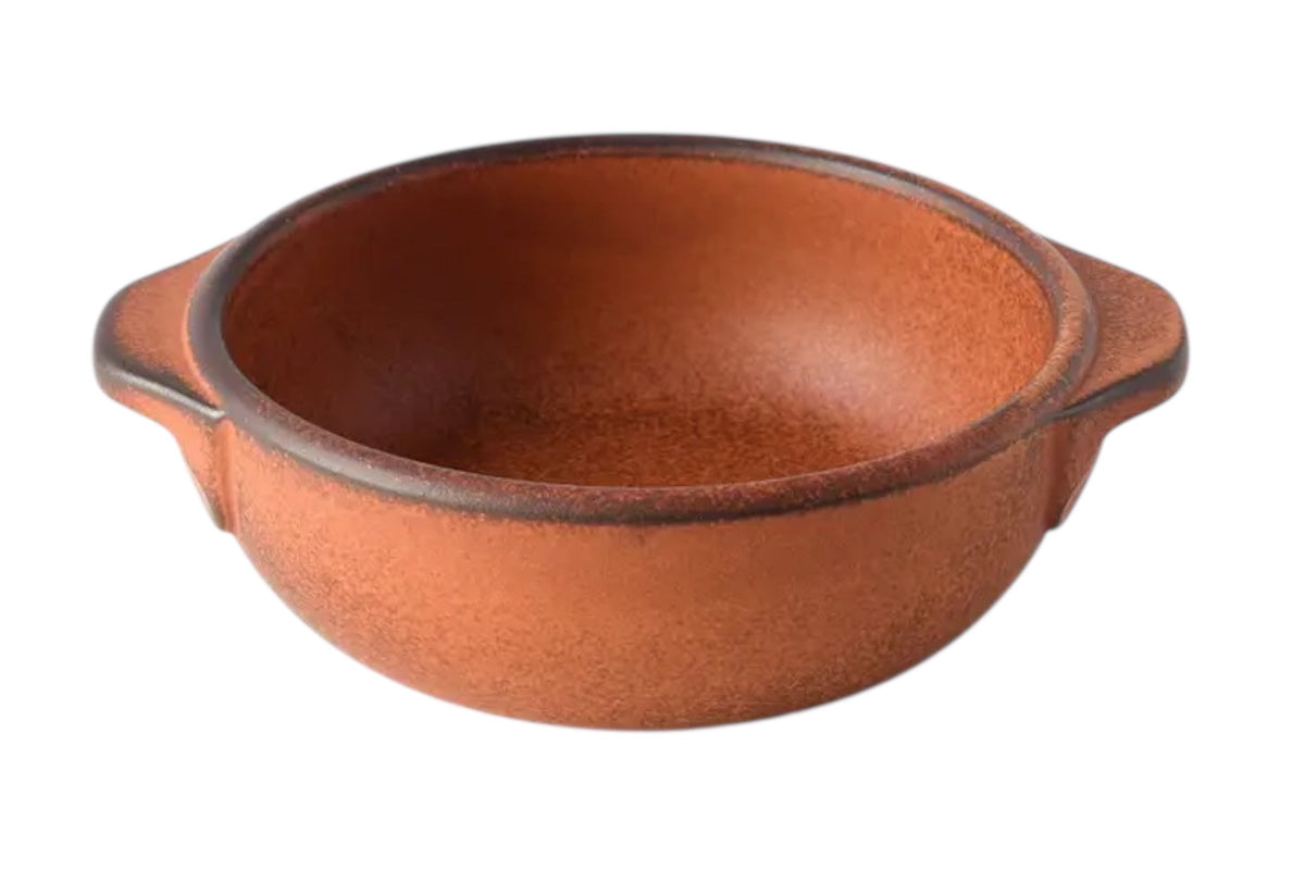 FINCHCRAFT small orange Minoyaki porcelain donabe pot with side handles for individual servings and oven use.
