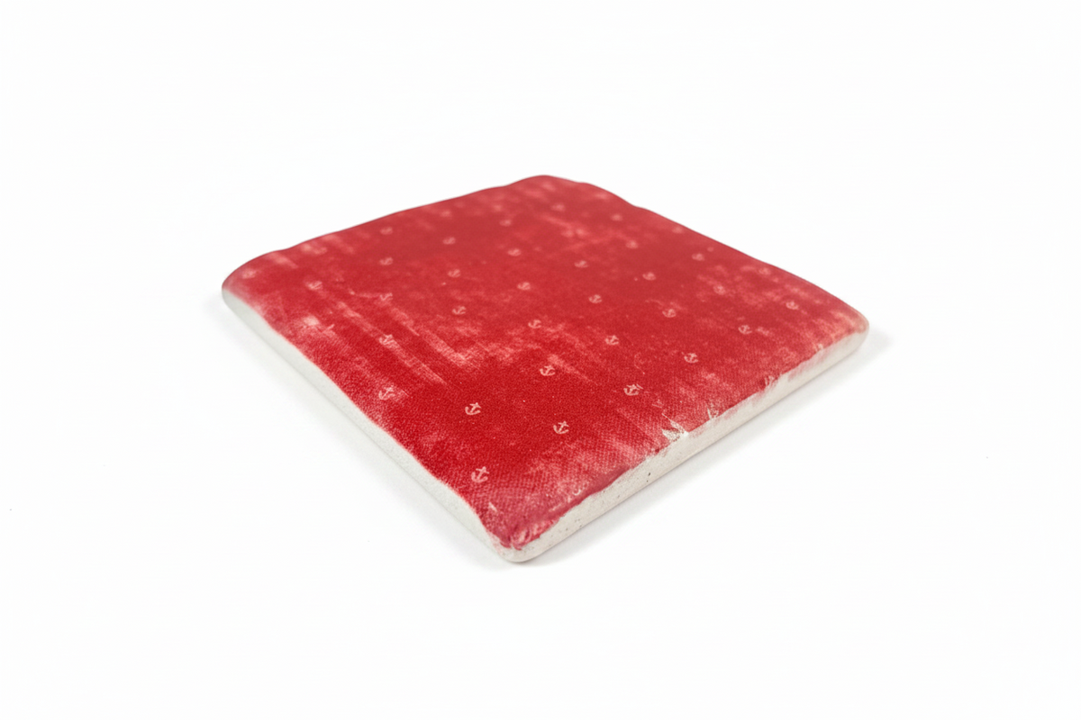 FINCHCRAFT square resin coaster in red with a distressed finish and small white anchor pattern on a white background.