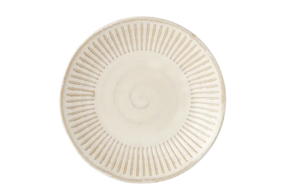 FINCHCRAFT ridged alabaster porcelain tapas plate with a neutral glazed finish and textured ring pattern