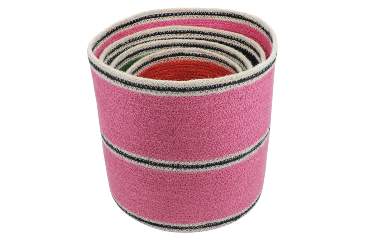 FINCHCRAFT set of four round woven jute storage baskets in nested pink, navy, green, and orange colours.