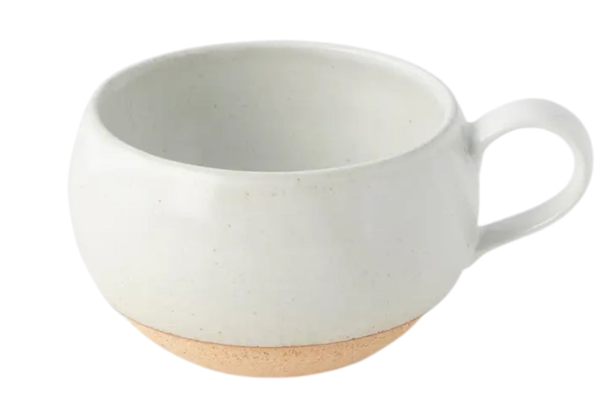 FINCHCRAFT rounded white earthenware mug with a smooth glazed finish and an exposed clay base, made in Japan.
