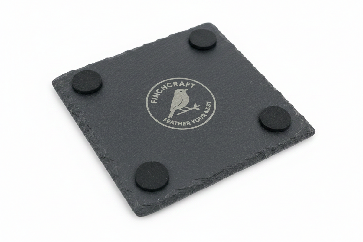 FINCHCRAFT natural slate coaster underside showing the brand logo and four protective foam feet on a white background