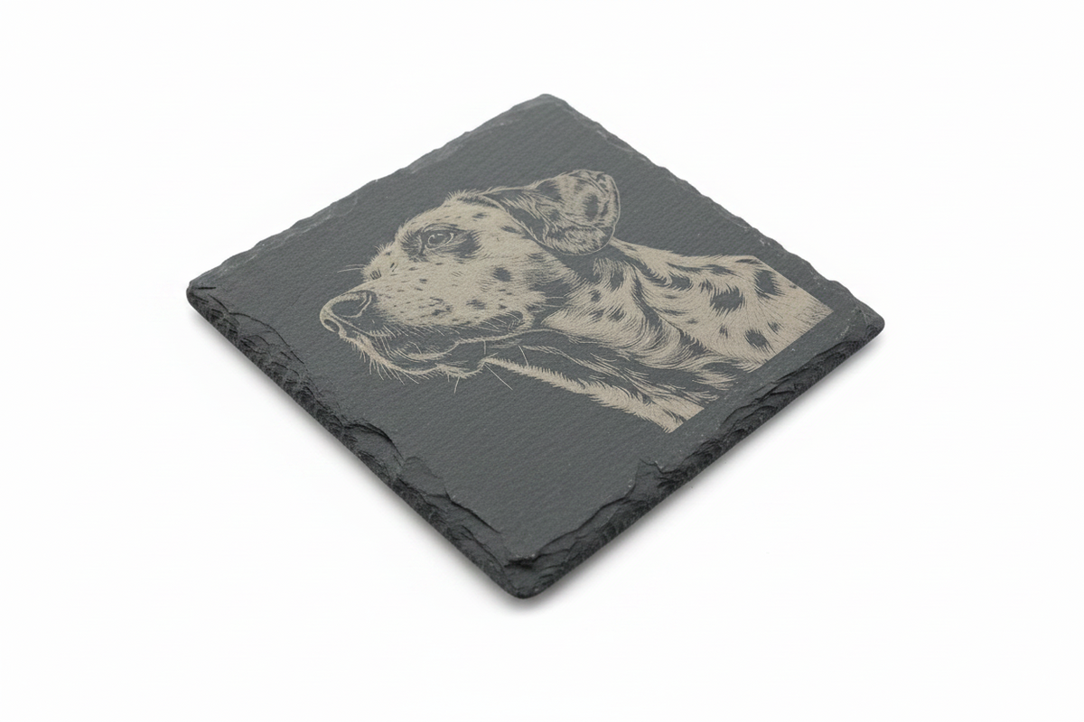 FINCHCRAFT square natural slate coaster featuring a detailed laser-engraved portrait of a spotted dog