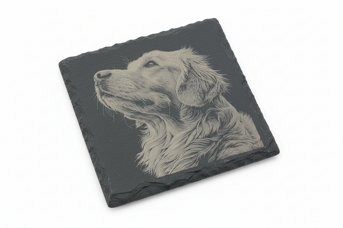 FINCHCRAFT natural slate coaster featuring a detailed laser-engraved golden retriever dog profile on a square stone