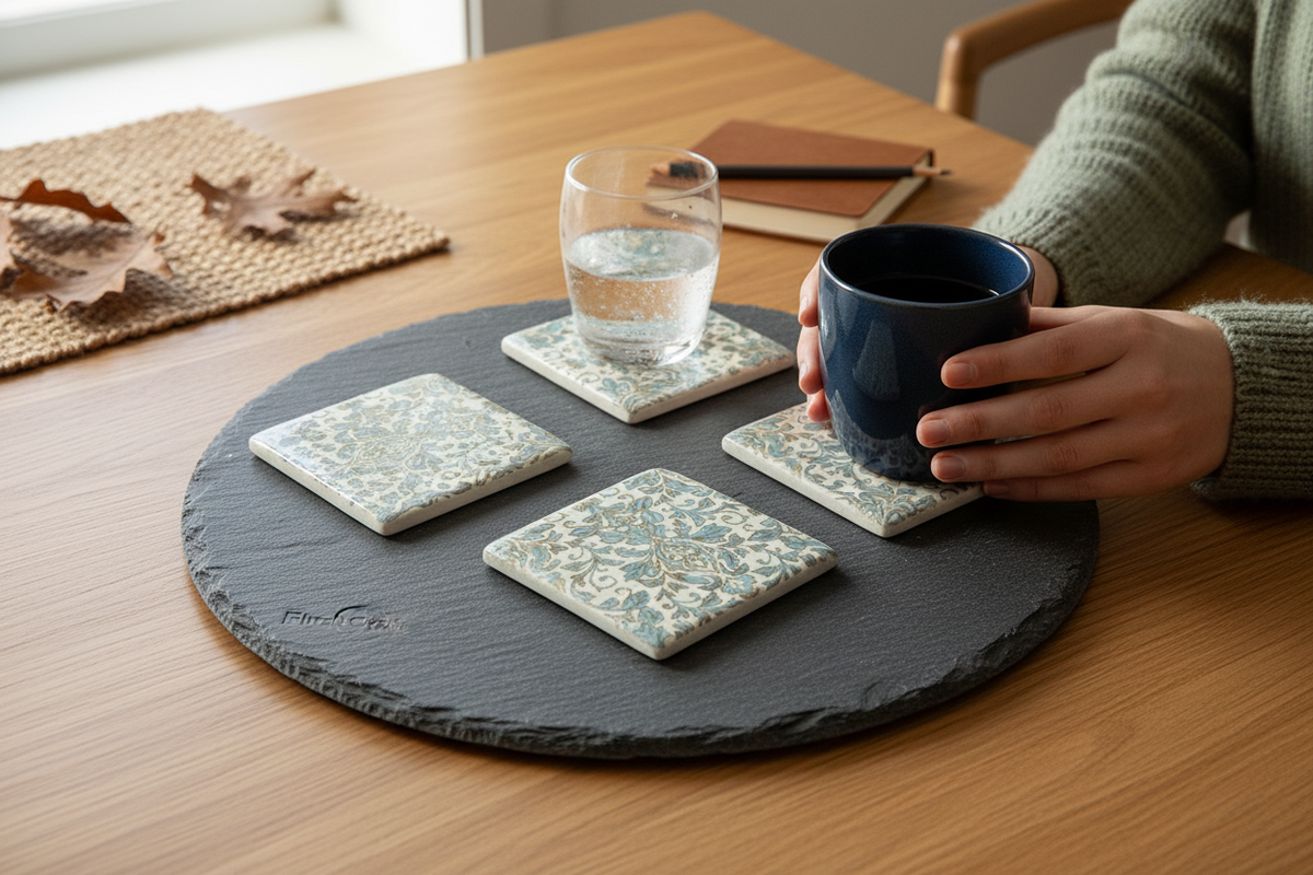 FINCHCRAFT set of four light green vintage Parisienne botanical coasters on a dark slate board with a coffee mug