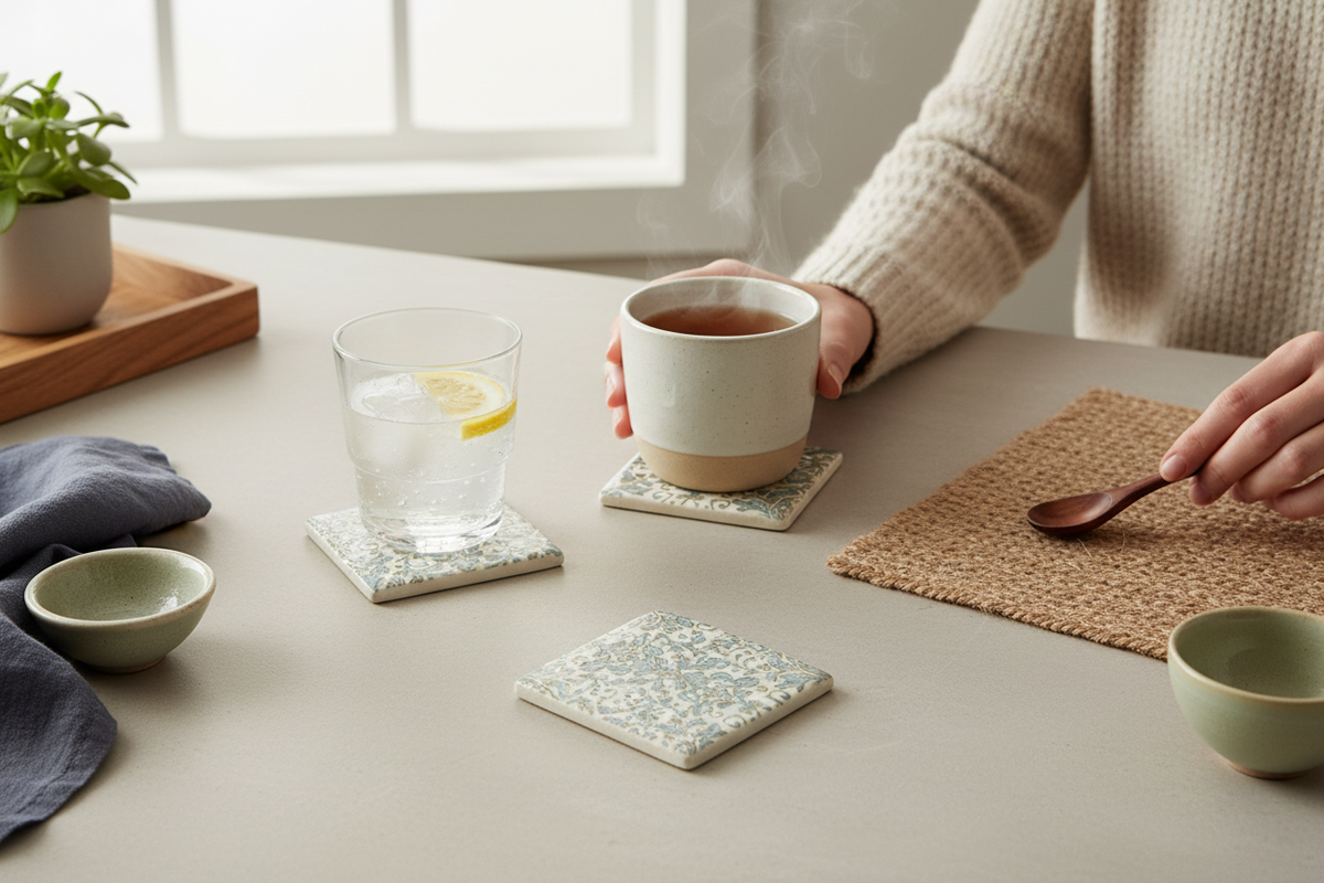 FINCHCRAFT vintage Parisienne light green botanical resin coasters on a table with a steaming mug and glass.