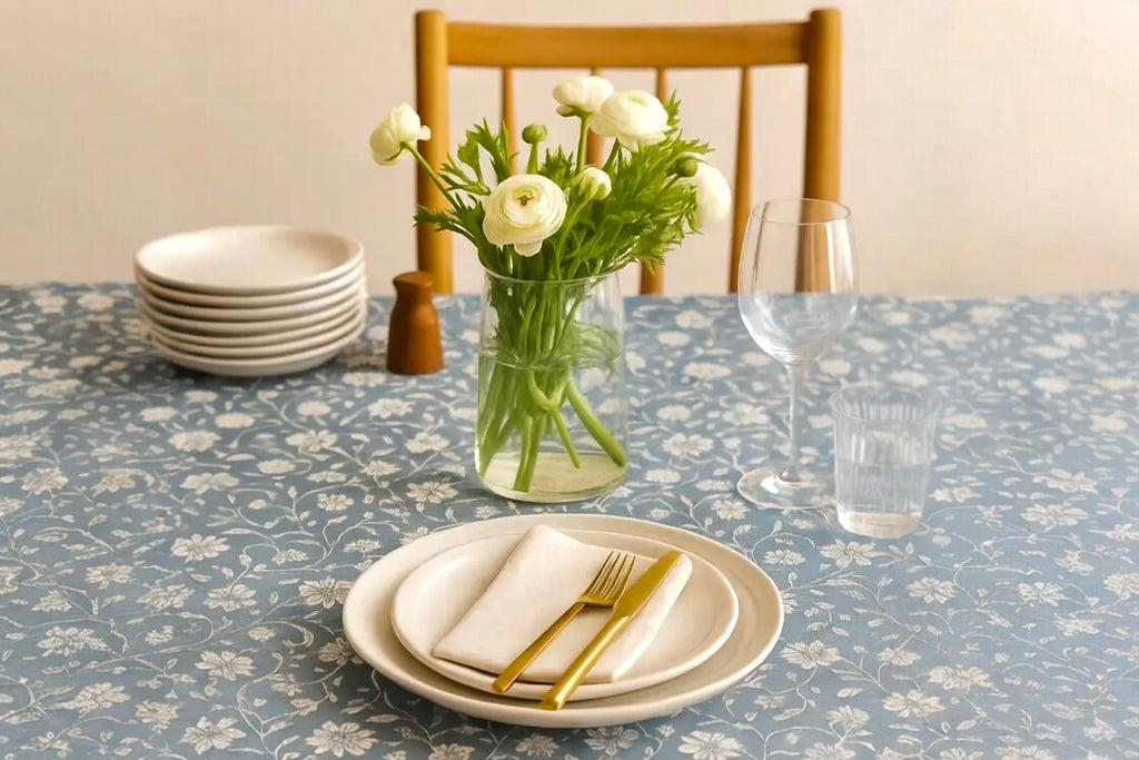 Azure blue table cover with a vine design displayed on a set table with galssware and plates.
