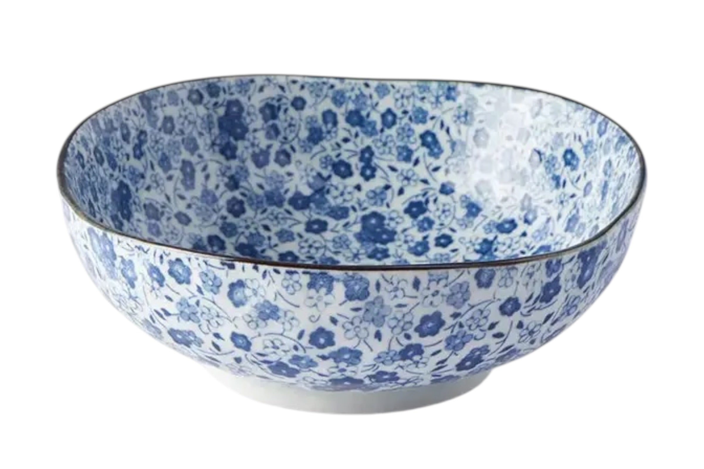A Japanese rice bowl with a blue daisy design on a white background.