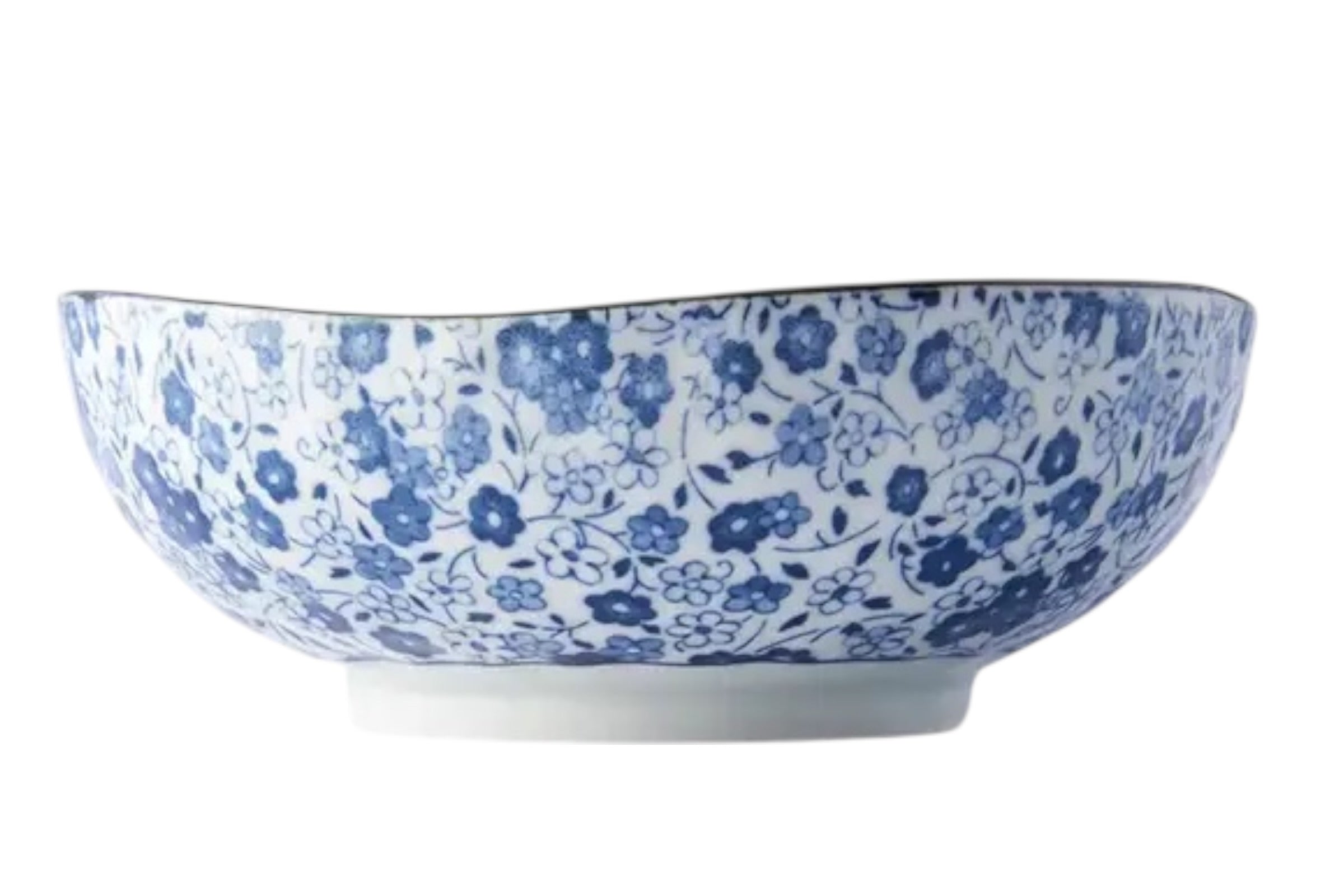 A Japanese rice bowl with a blue daisy design on a white background.