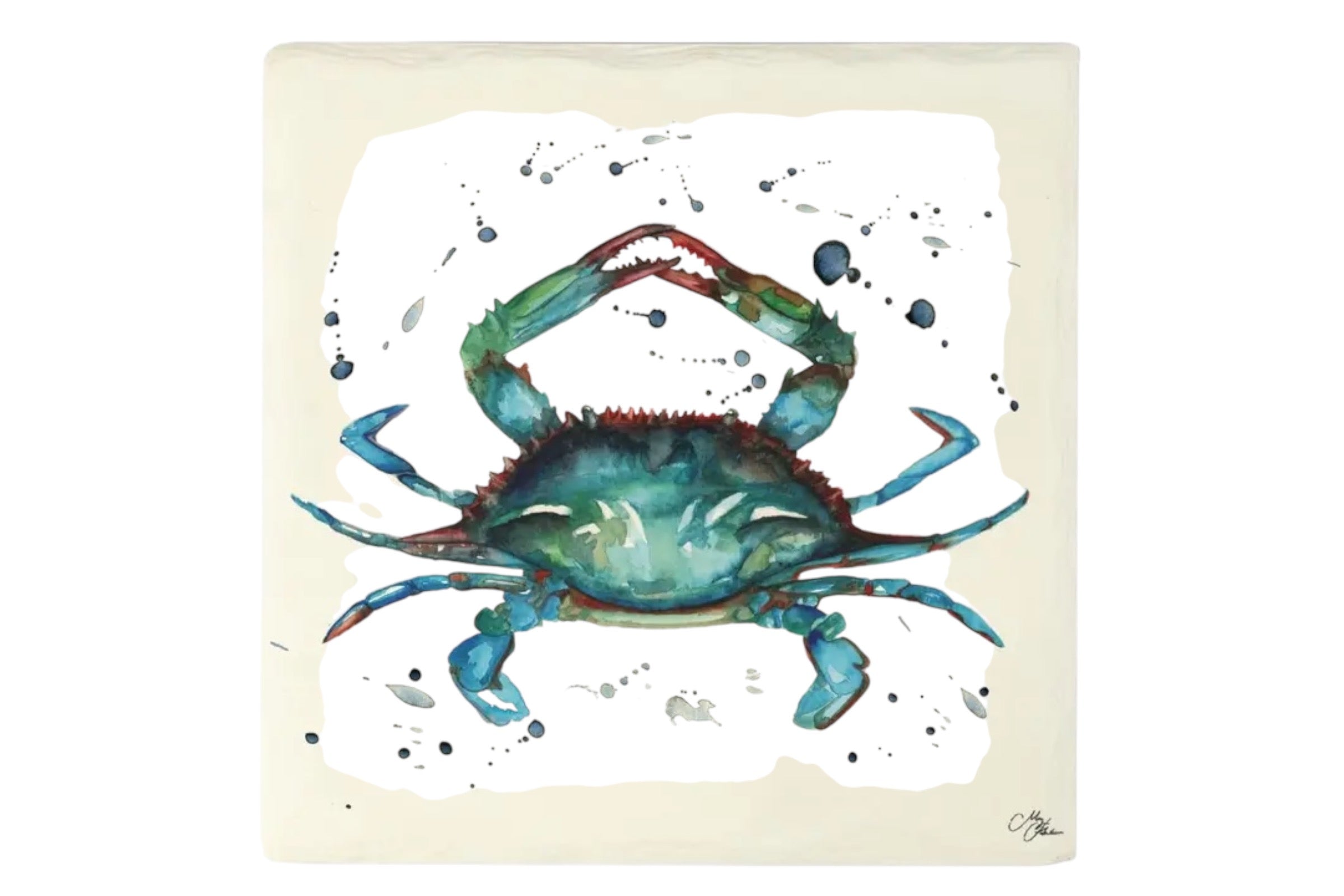 A 16 x 16cm ceramic trivet with a crab illustration, set against a white background.