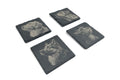 Four slate coasters with laser etched dog designs, on a white background.