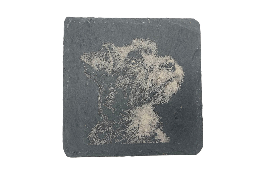 A slate coaster with the image of a terrier laser etched into the surface, on a white background.