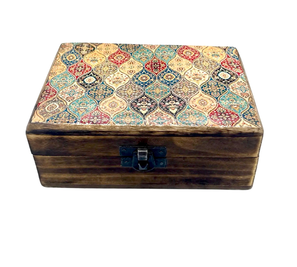 Wooden box with decorative ceramic lid in earth tones, featuring a pattern of interlocking shapes on a white background