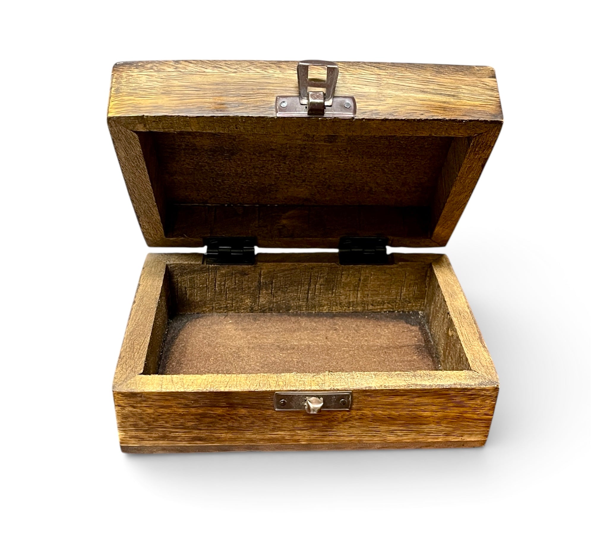 Wooden box with a hinged lid on a white background