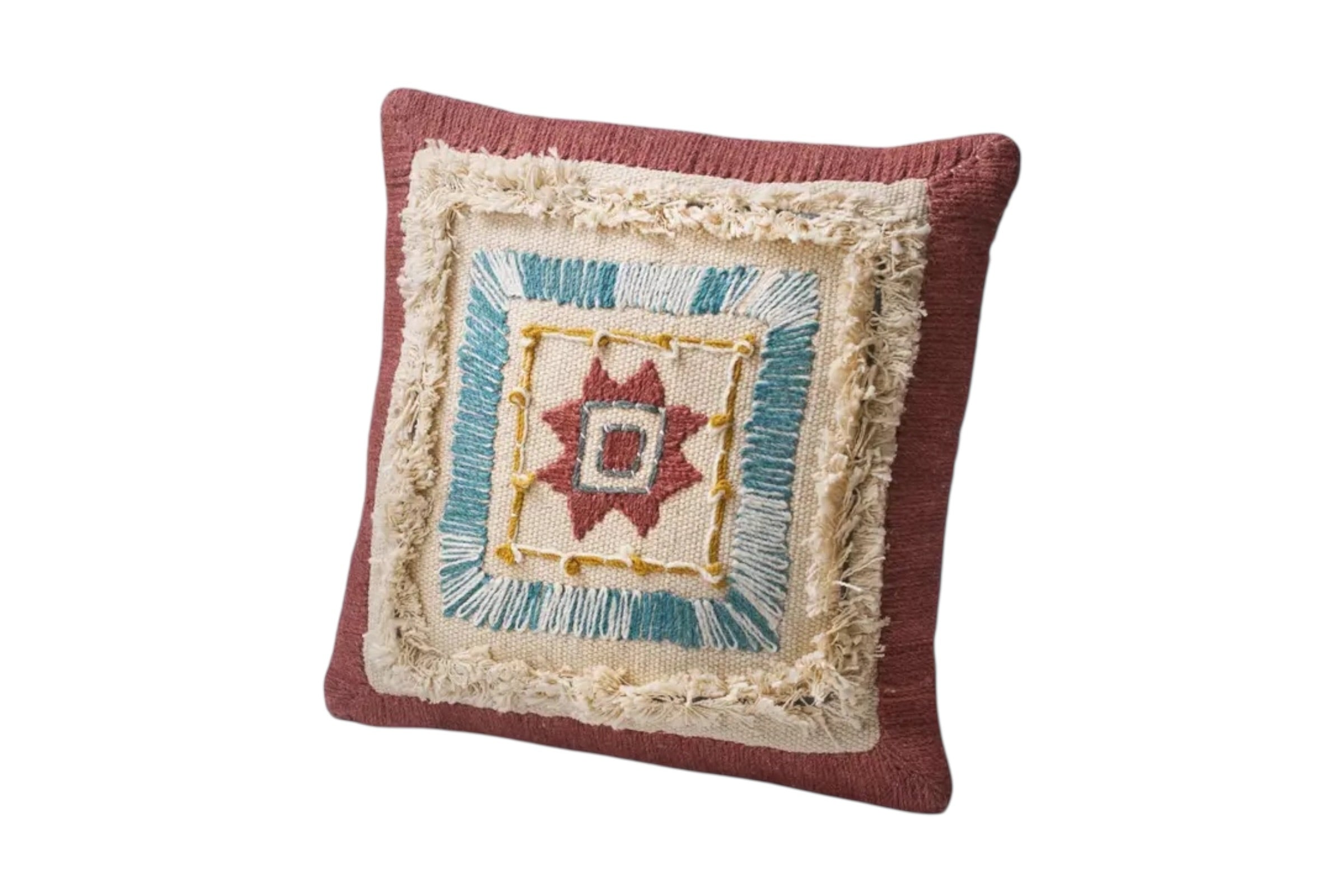 A 45 x 45cm cotton cushion with layered embroidery and a calm, multi-tonal palette. Set against a white background.