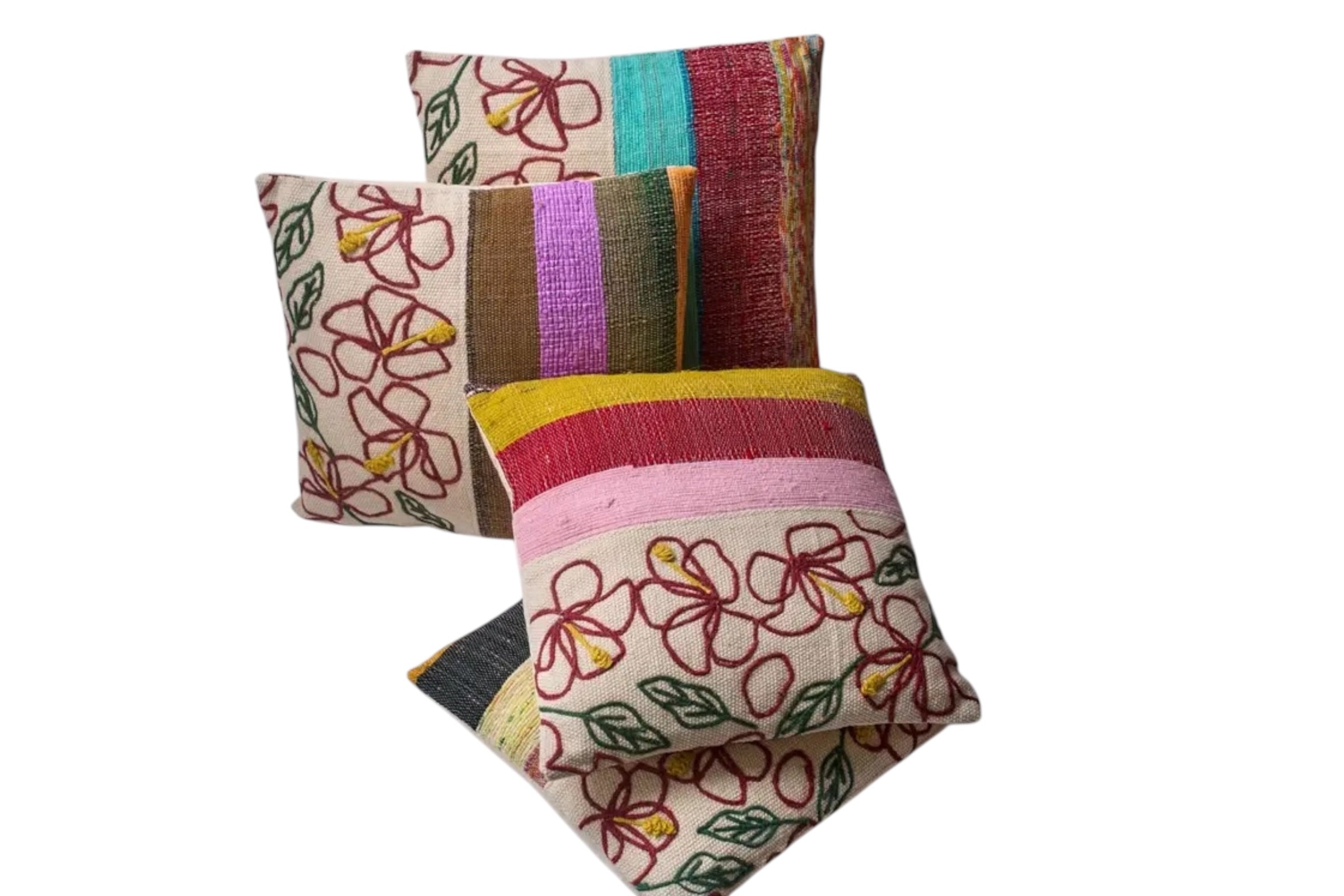 A 45 x 45cm red  toned, cotton cushion combining embroidered detail and woven stripes. set against a white background.