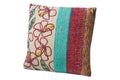 A 45 x 45cm red  toned, cotton cushion combining embroidered detail and woven stripes. set against a white background.