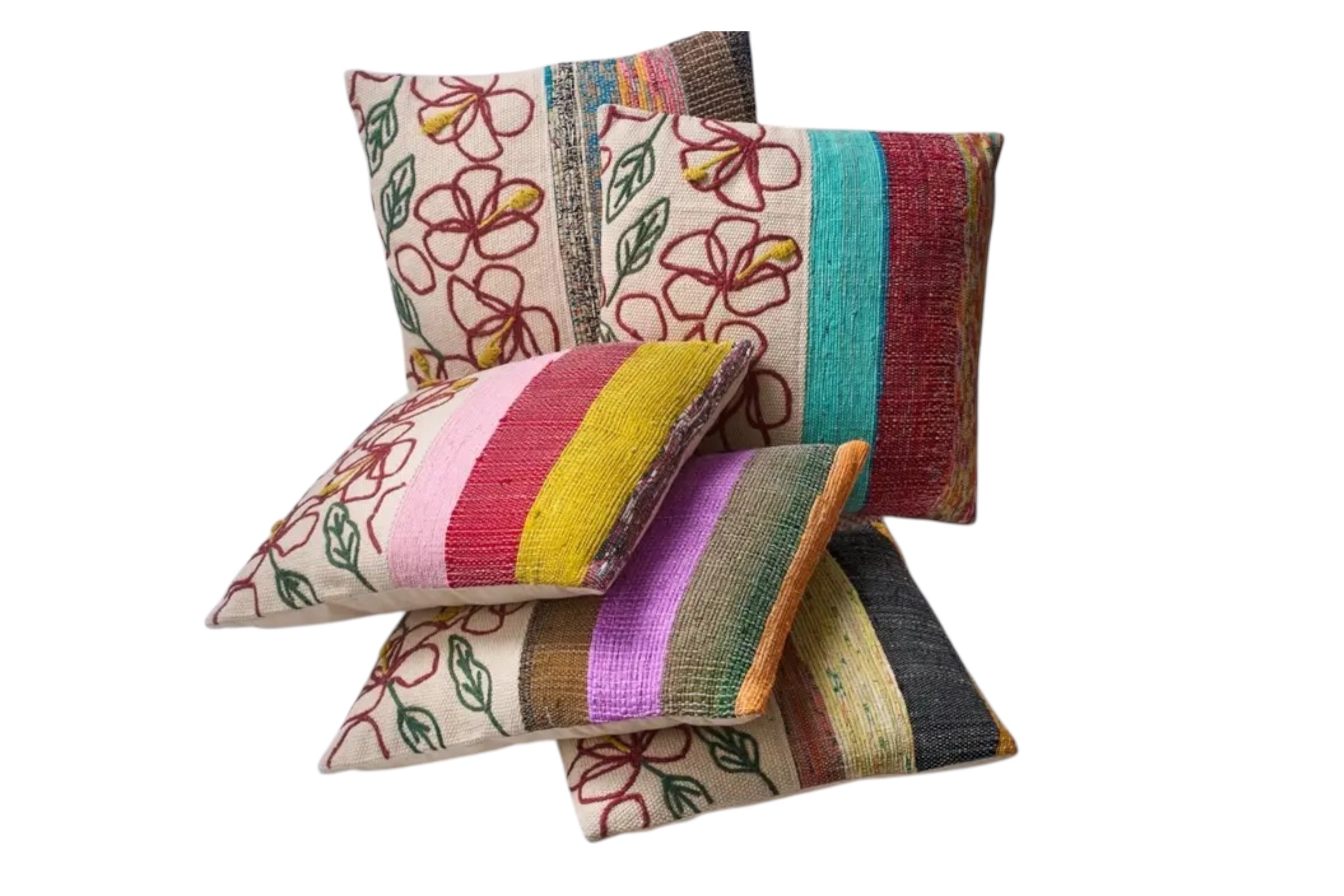 A 45 x 45cm red  toned, cotton cushion combining embroidered detail and woven stripes. set against a white background.