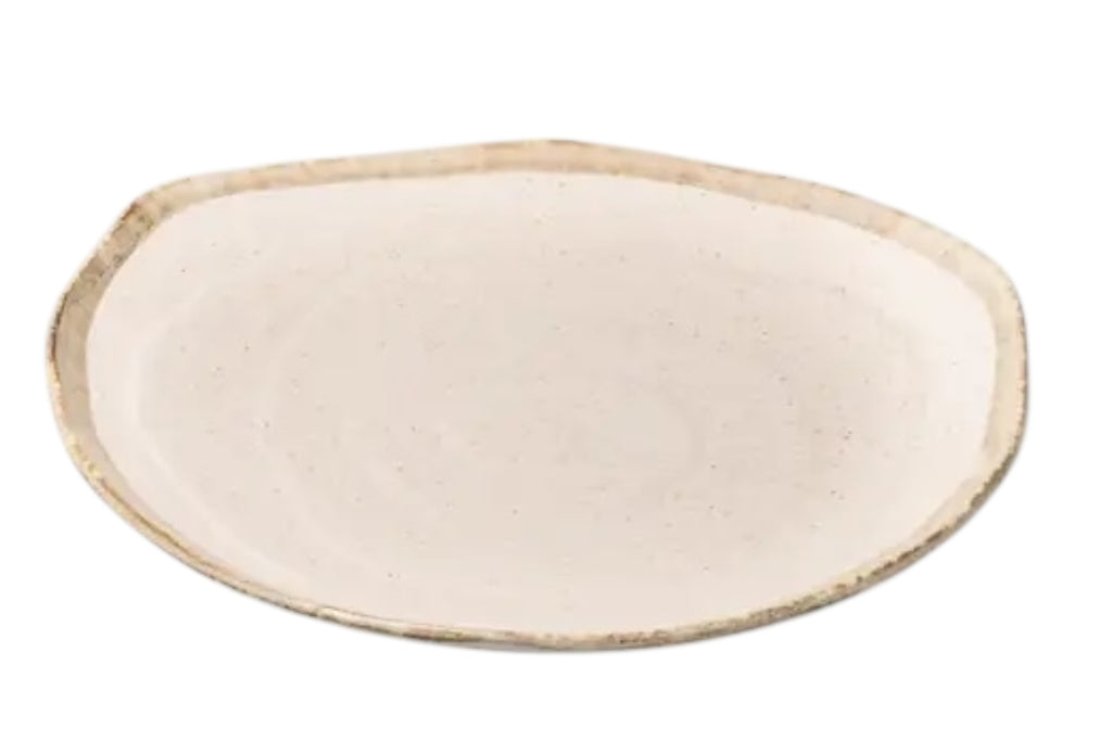 A 27cm porcelain dinner plate with an organic outline and soft flax-toned glaze. Set against a white background.